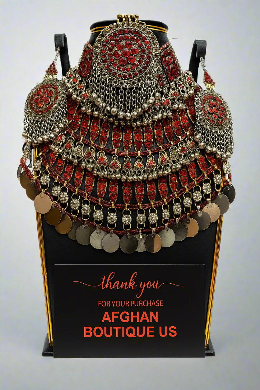 Afghan Kuchi tribal necklace with red stones, silver coins, and traditional design Afghan Boutique US