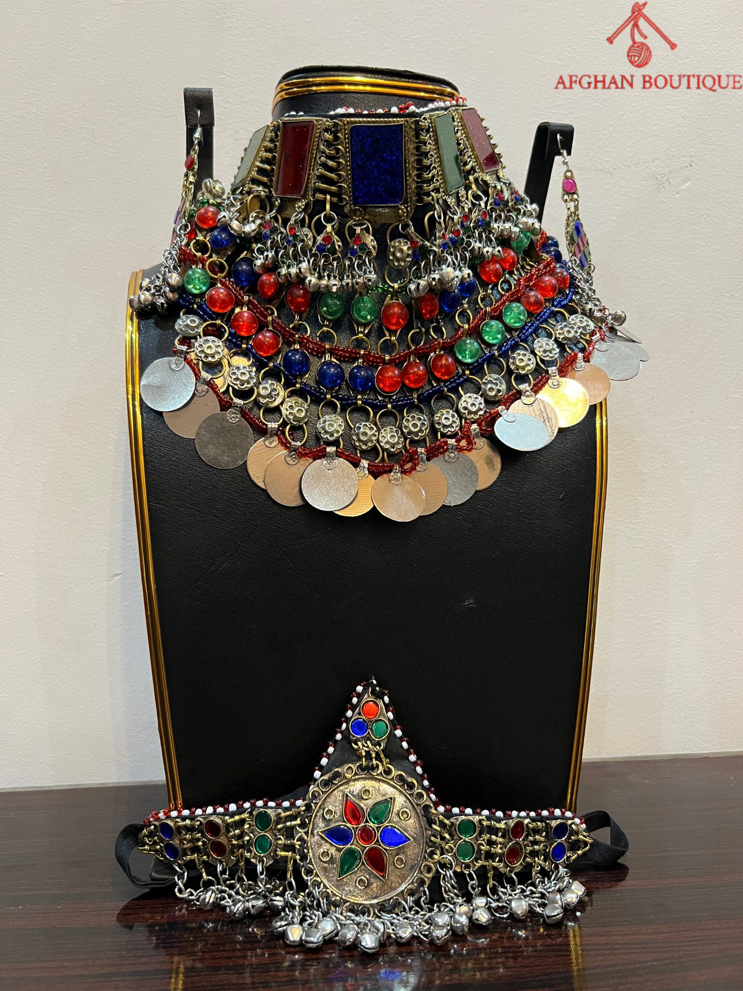 Handmade Afghan bridal necklace, silver-plated with red, green, and blue gemstones, traditional Afghan wedding jewelry with dangling coins.