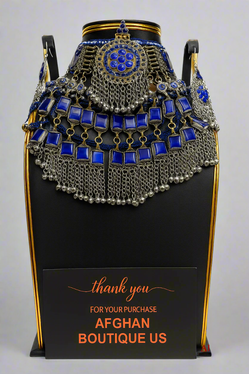 Handmade silver-plated Afghan wedding necklace with dark blue stones, silver chain tassels, and traditional Afghan design