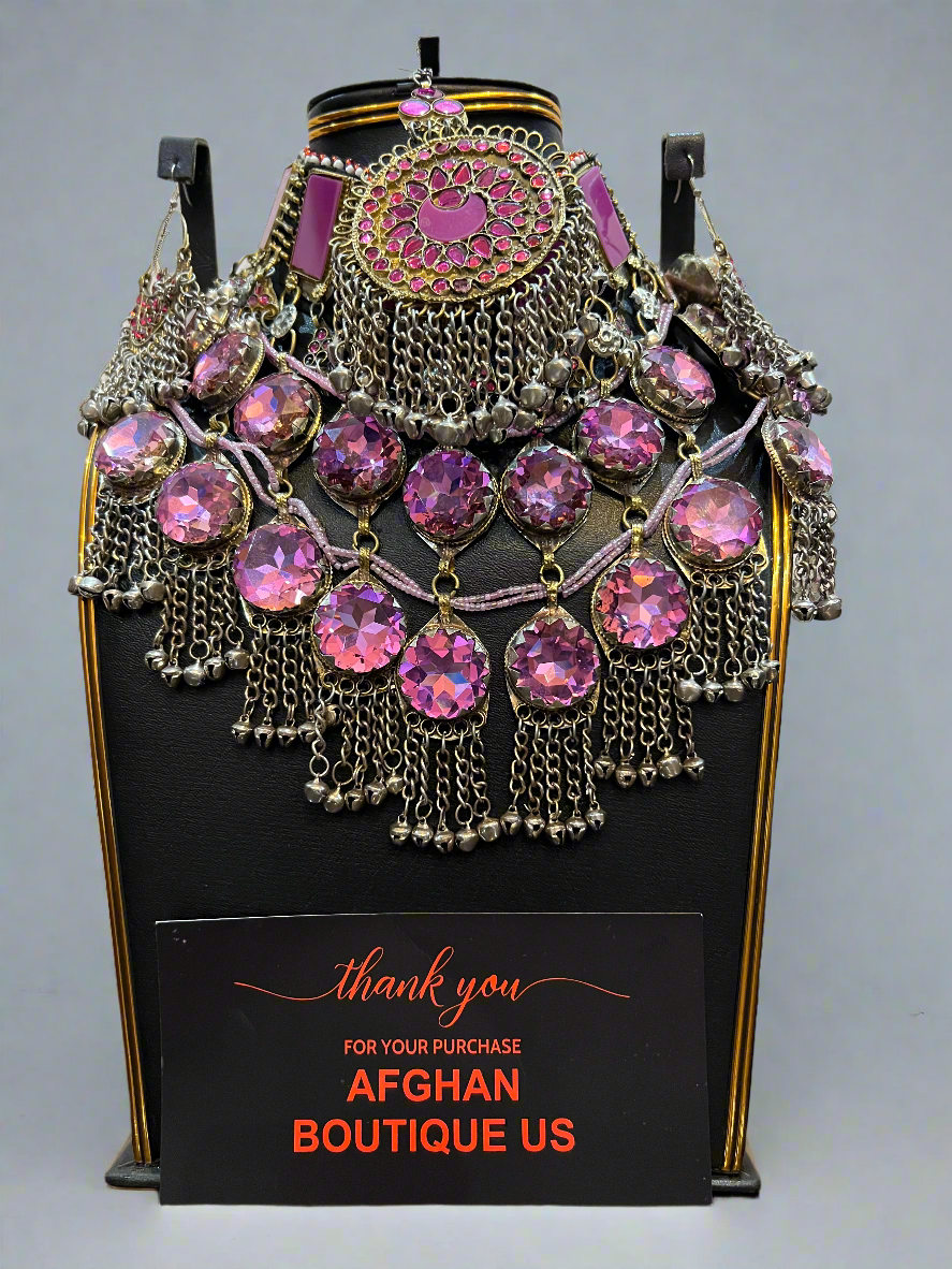 Handmade Silver-Plated Afghan Wedding Necklace with Pink Jewels