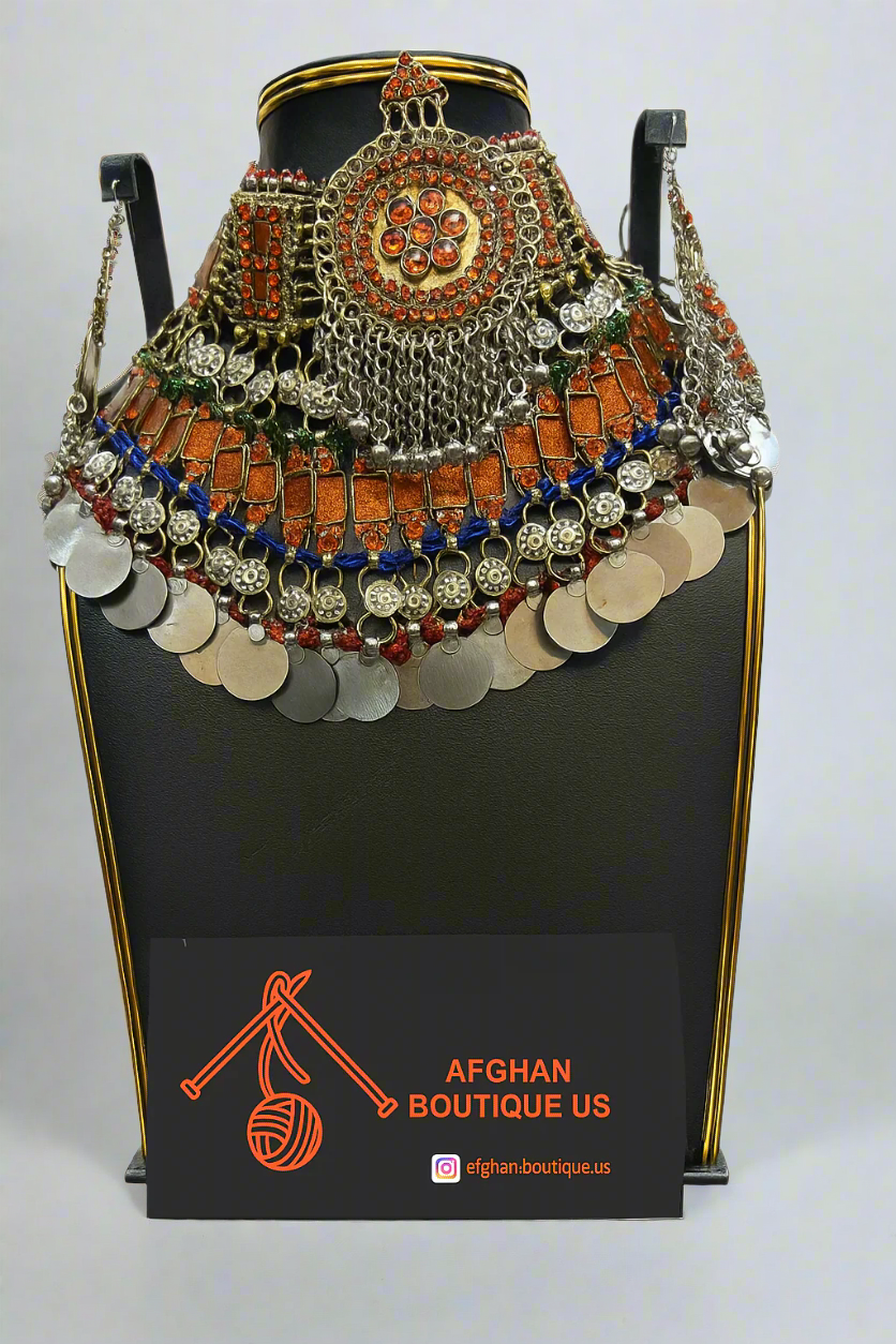 Traditional Afghan tribal necklace with orange glass stones and antique silver design
