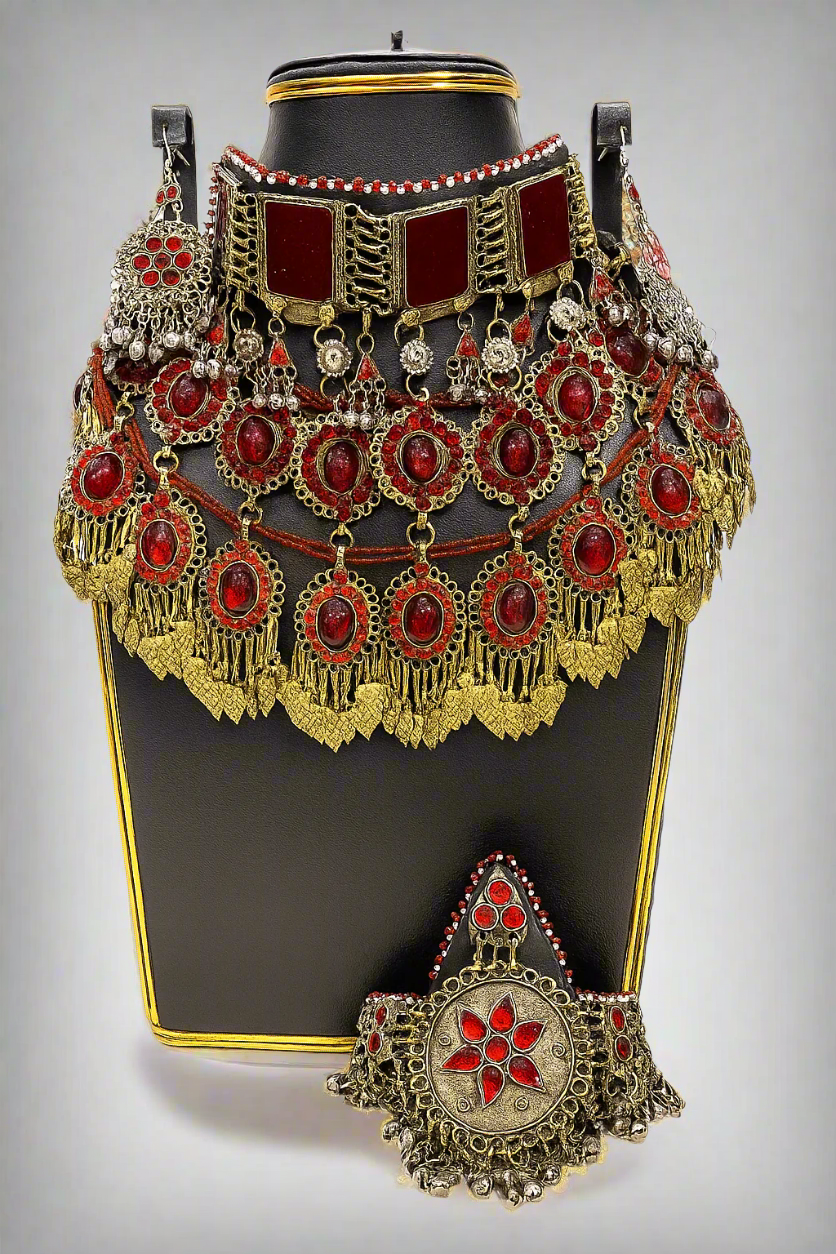 Traditional Afghan wedding necklace with radiant red stones and silver-plated finish – handmade bridal jewelry
