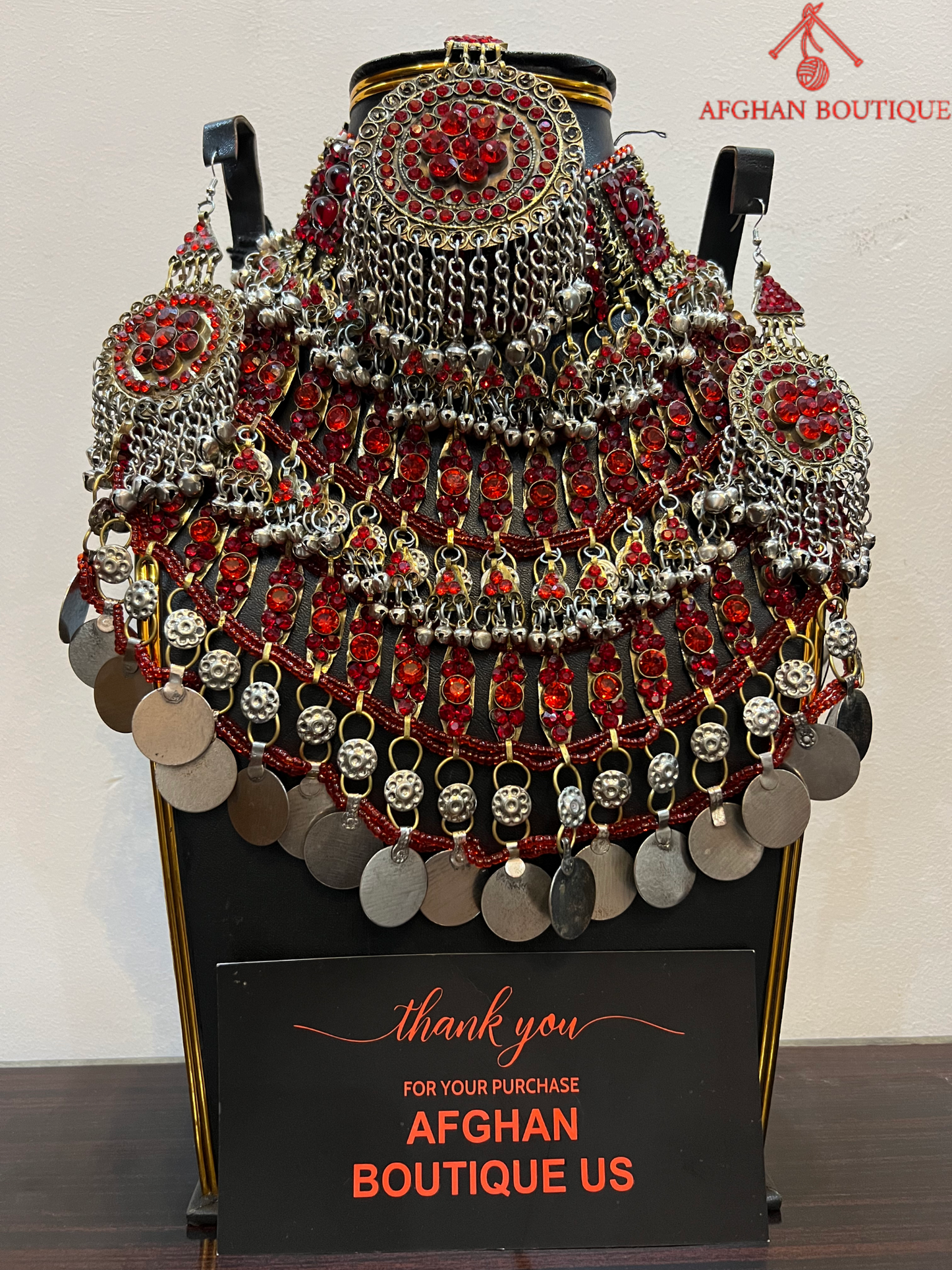 Handcrafted Afghan Kuchi Statement Necklace Red & Silver Tribal Jewelry Set