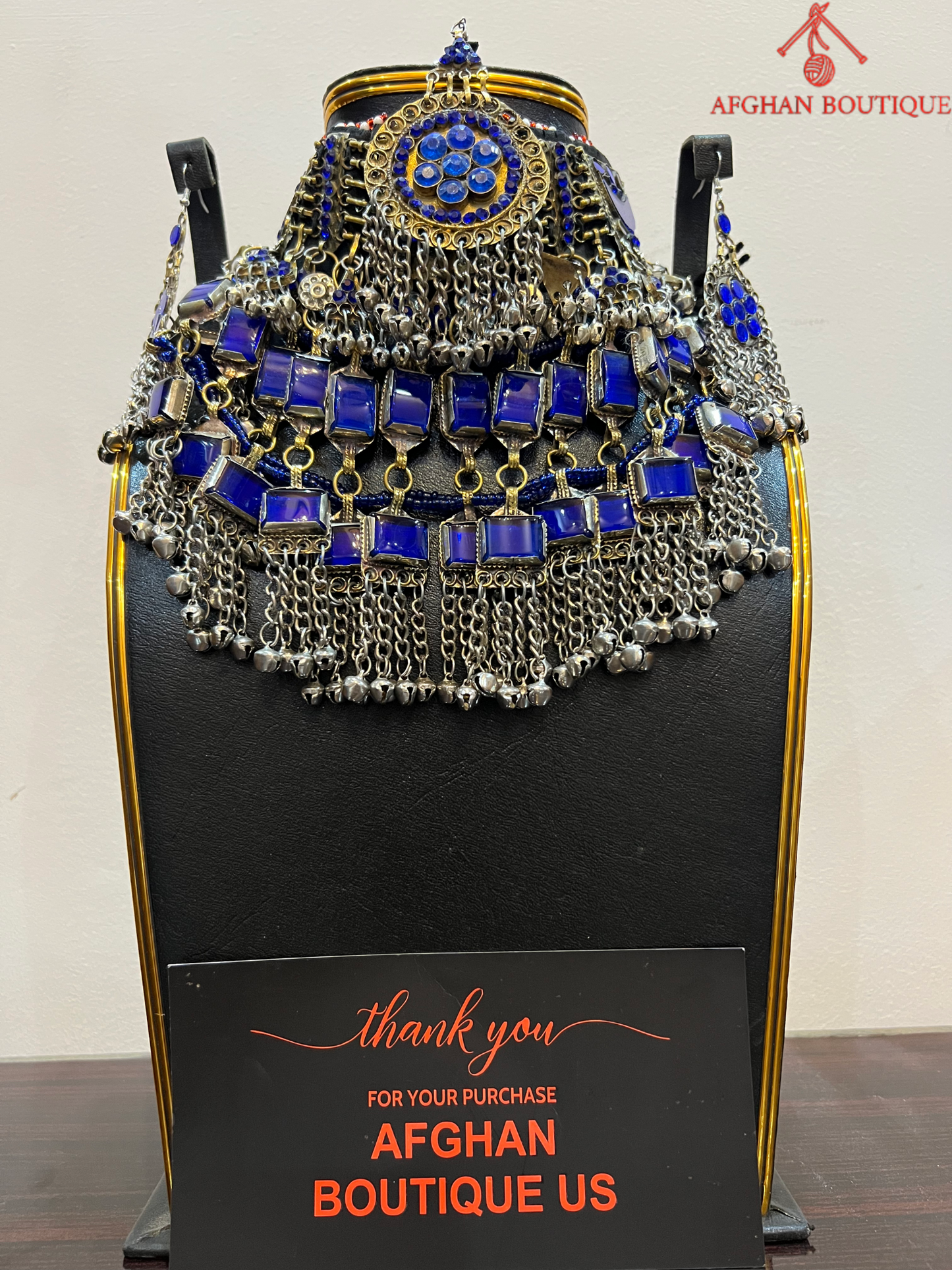 Handmade Silver-Plated Afghan Wedding Necklace with Dark Blue Stones