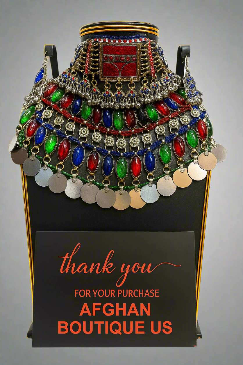 Handmade Afghan wedding necklace in silver-plated finish with red, green, and blue jewels – traditional bridal jewelry