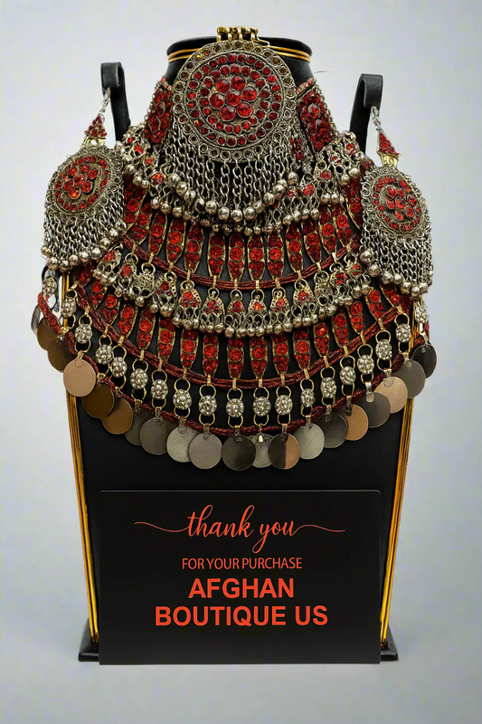 Afghan Kuchi tribal necklace with red stones, silver coins, and traditional design  Afghan Boutique US