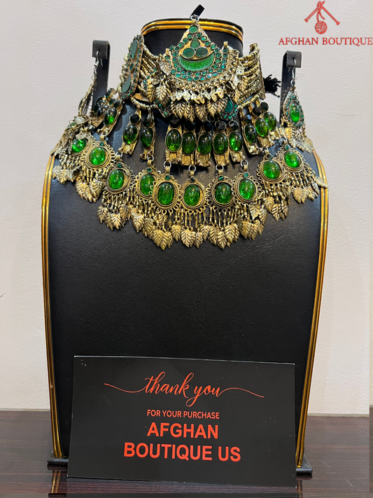 “Emerald green Afghan Kuchi necklace with silver coins – Handmade tribal jewelry by Afghan Boutique US”