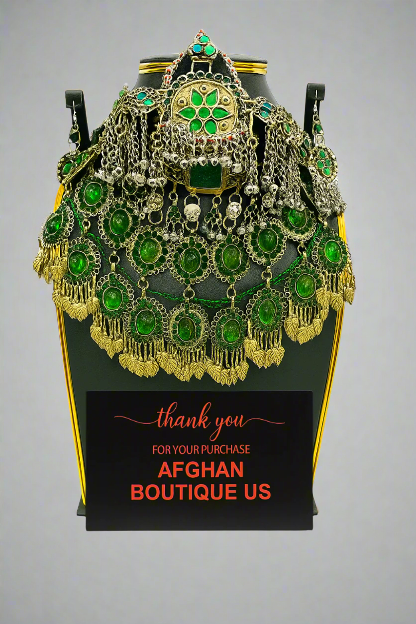 Afghan Kuchi necklace with green stones and silver coins – Traditional tribal jewelry by Afghan Boutique US