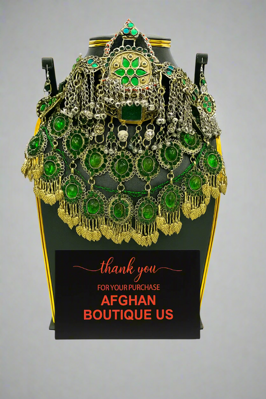 Afghan Kuchi necklace with green stones and silver coins – Traditional tribal jewelry by Afghan Boutique US