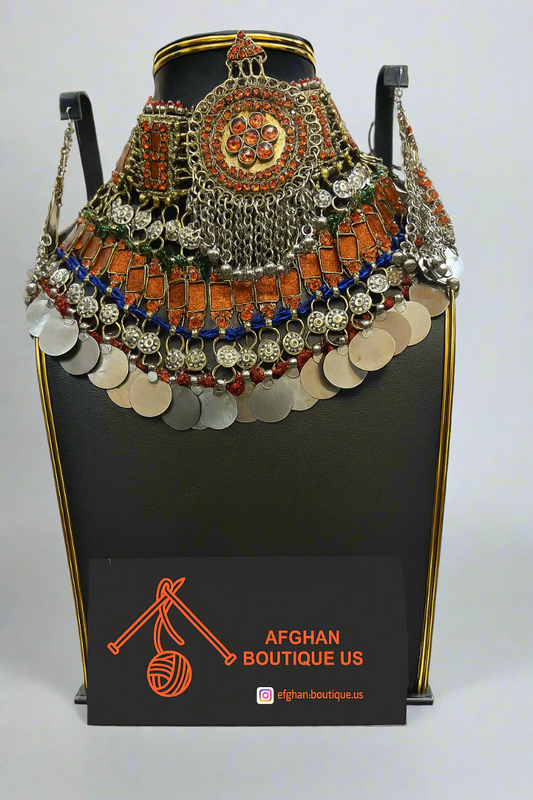 Traditional Afghan tribal necklace with orange glass stones and antique silver design