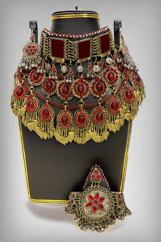 Traditional Afghan wedding necklace with radiant red stones and silver-plated finish – handmade bridal jewelry
