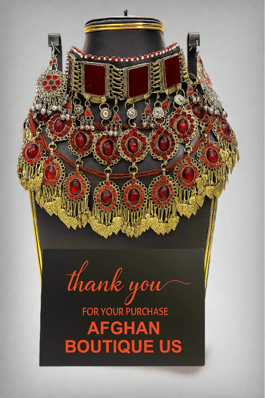 Traditional Afghan Wedding Necklace Handmade Silver-Plated with Red Stones