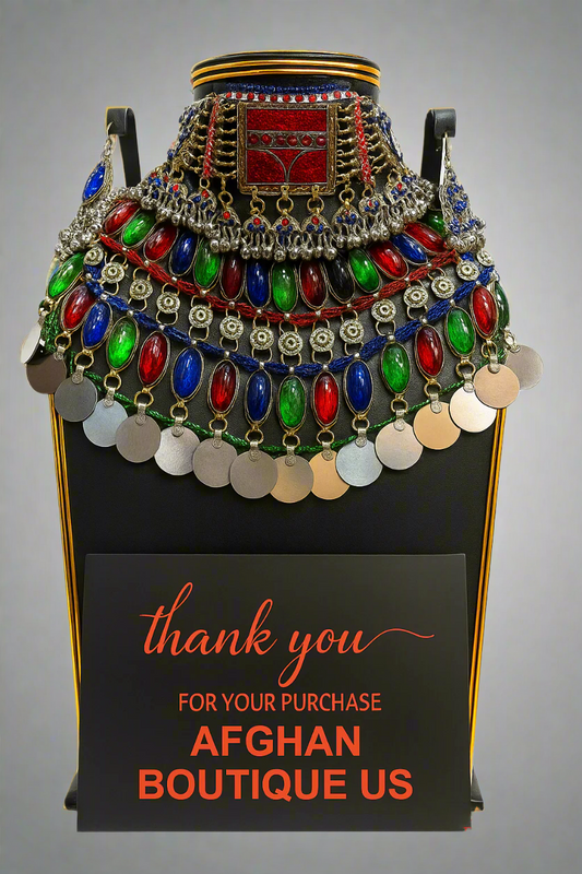 Handmade Afghan wedding necklace in silver-plated finish with red, green, and blue jewels – traditional bridal jewelry
