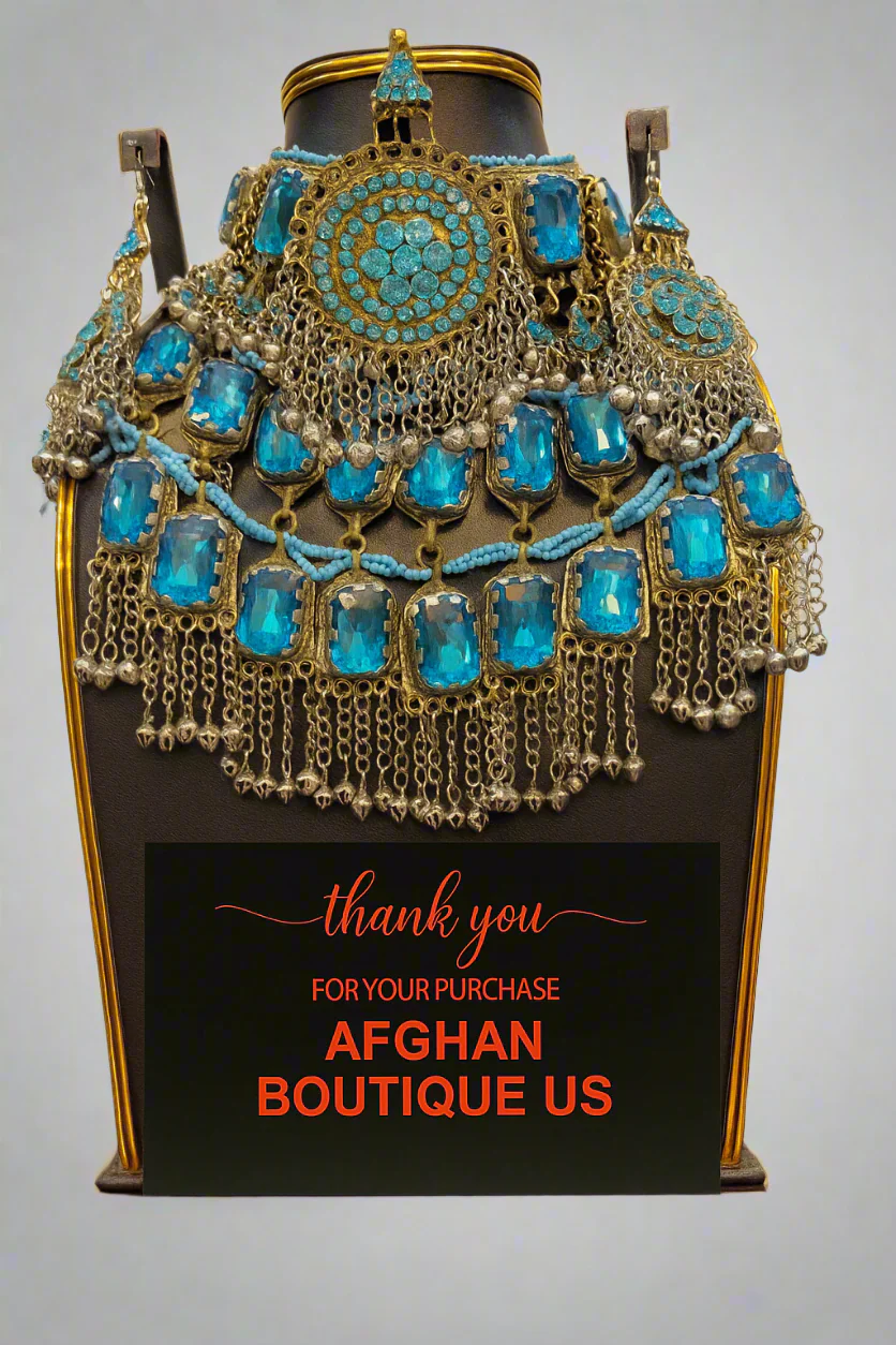 Handmade silver-plated Afghan wedding necklace with blue stones